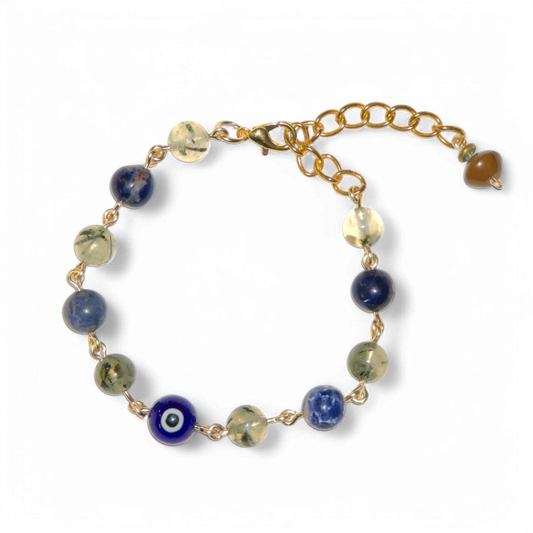 Sodalite and Rutilated Quartz Evil Eye Bracelet | Jevus Vougler