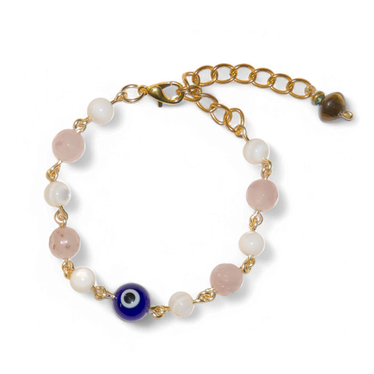 Rose Quartz and Shell Evil Eye Bracelet | Jevus Vougler